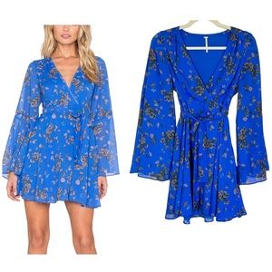 Free People Lilou Printed Dress in Cobalt Combo Bell Sleeves Size XS
